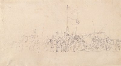 A Gathering of horsemen with coach, tents and flags by Sawrey Gilpin